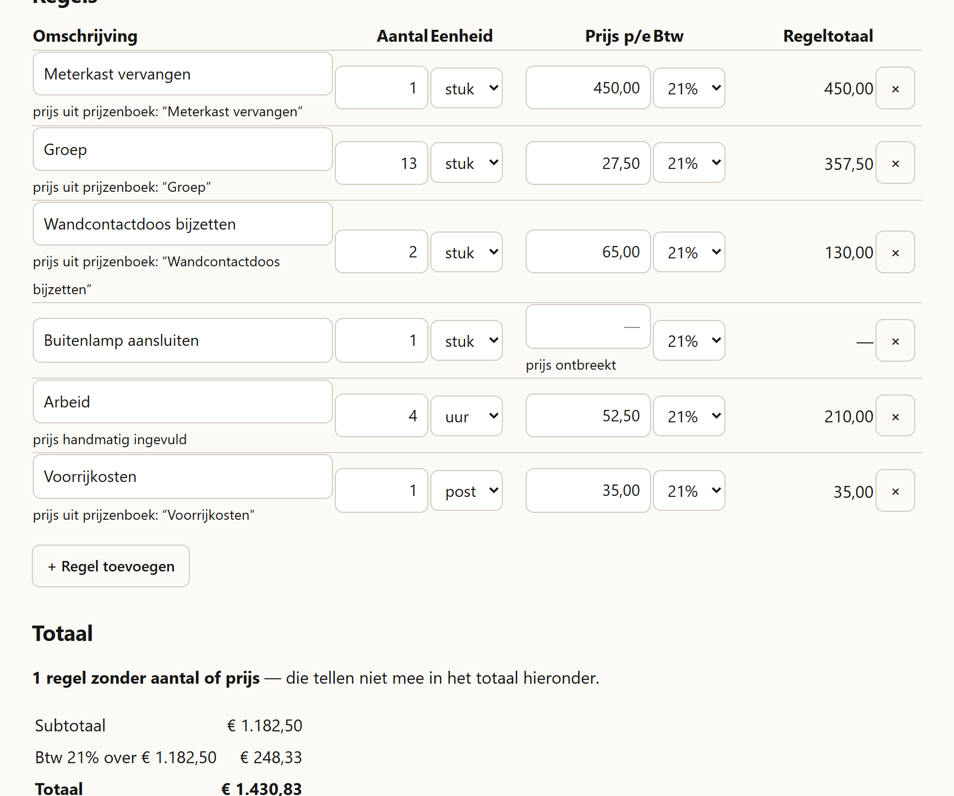 Offerteregels met omschrijving, aantal, prijs en btw, met daaronder vermeld waar elke prijs vandaan komt.